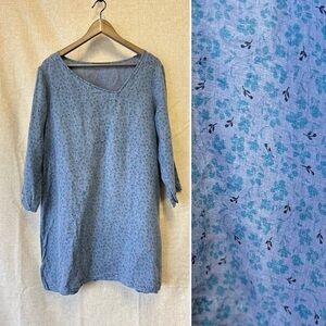 Vintage Linen Cut loose tunic dress blue floral size large